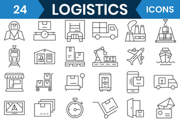 Logistics icon set. Outline icon of delivery logistic, shipping, cargo, supply chain container and more. Vector illustration.