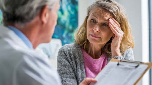Worried Senior Woman Consulting Doctor About Headache