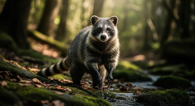 Curious raccoon in a forest wildlife.