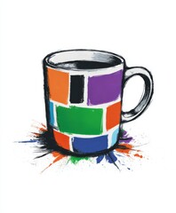 Creative coffee mug artwork with bold color patches and splattered paint effects on white