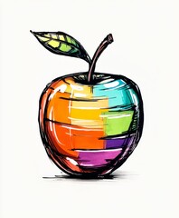 Stylized apple fruit illustration with horizontal color bands and artistic ink outlines