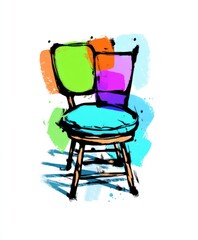Artistic chair sketch with colorful backrest panels and creative paint smudge background