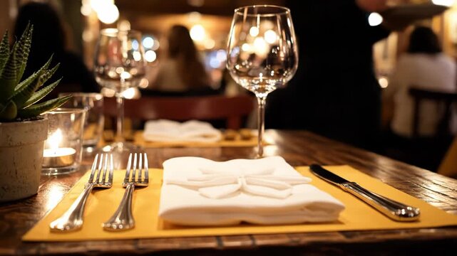 A table setting with a potted plant, glasses, and silverware on a yellow placemat in a dimly lit restaurant