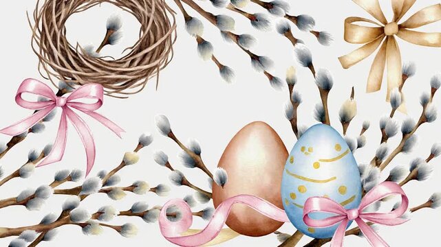 Elegant Easter Decorations with Watercolor Eggs and Willow Branches for Festive Celebrations