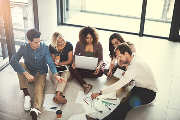 Designers, team and meeting with compass drawing for moodboard layout, ideas and planning. Interior...