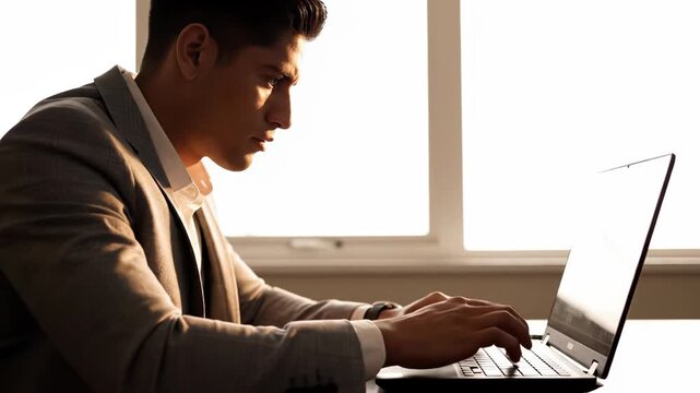 Asian man in gray suit jacket working on laptop at desk by window with natural light