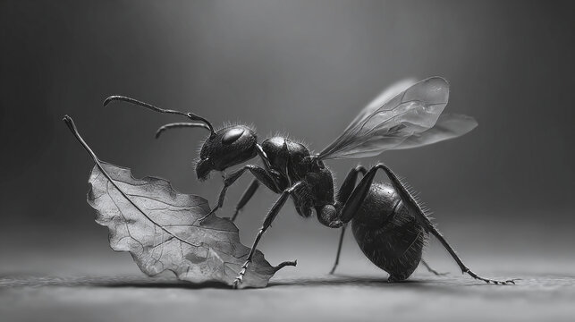 A determined ant carrying a leaf in monochrome, a symbol of perseverance and strength. The image captures the ant's effort and the intricate details of its form
