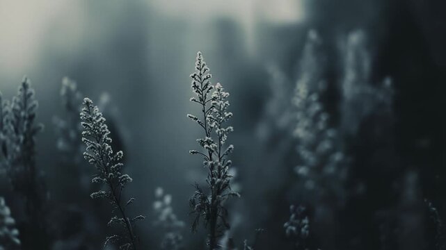 Frost covered plant stems in a cold winter landscape, delicate hoarfrost crystals and icy texture creating a serene, muted scene of nature's quiet, seasonal beauty
