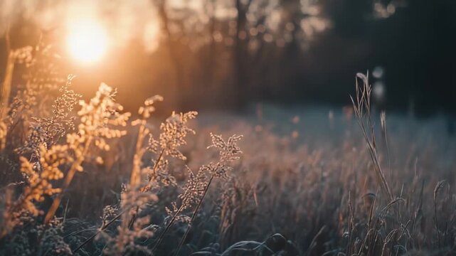 Winter sunbeams warm frosted dry grass in a tranquil field, golden hour rays sparkling on icy stems at dawn or dusk, peaceful rural landscape with soft light