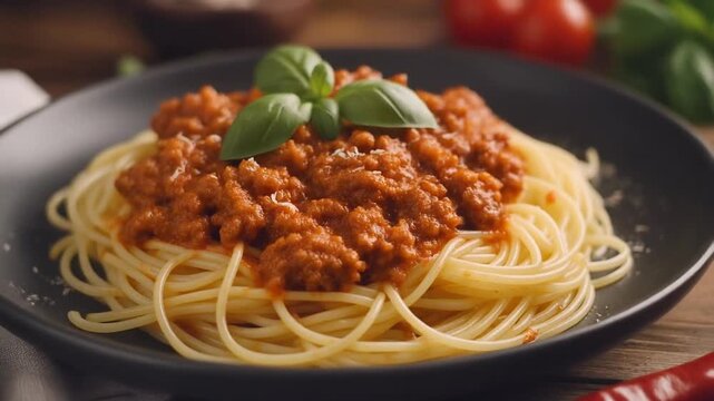 Delicious Spaghetti Bolognese on a Dark Plate, a Classic Italian Dish