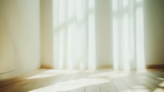 Empty room with light wooden floorboards receiving warm morning sunlight, creating long shadows and a calm, minimalist atmosphere, ideal for copy space and concepts of new beginnings