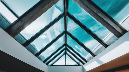 Modern glass skylight interior with geometric steel beams.