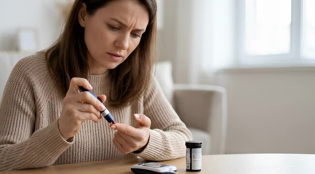 Young woman with health checking blood sugar using glucometer at home with copy space