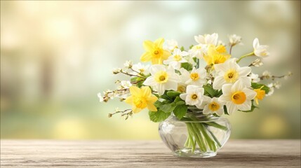 Fototapeta premium A clear glass vase filled with a beautiful bouquet of yellow and white daffodils rests on a wooden table with a soft, sunlit background.