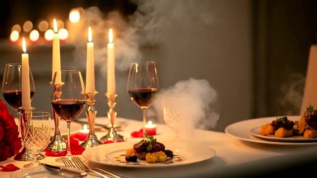 Romantic Dinner Setting with Candles and Roses