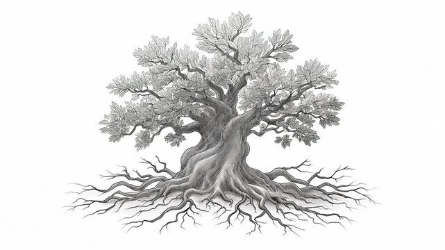 Elegant Monochrome Tree Illustrations with Intricate Root Systems and Leaf Detail