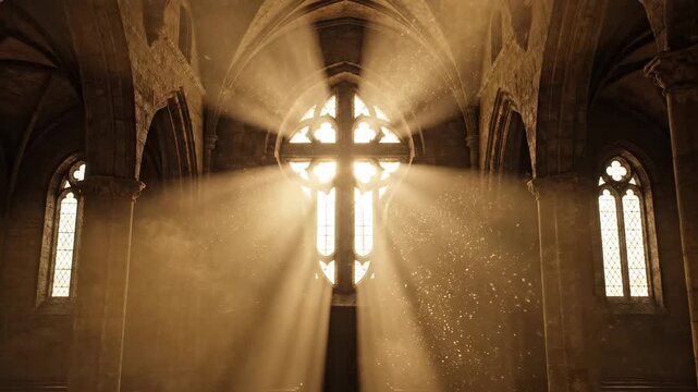 Sunbeams streaming through a gothic church window.