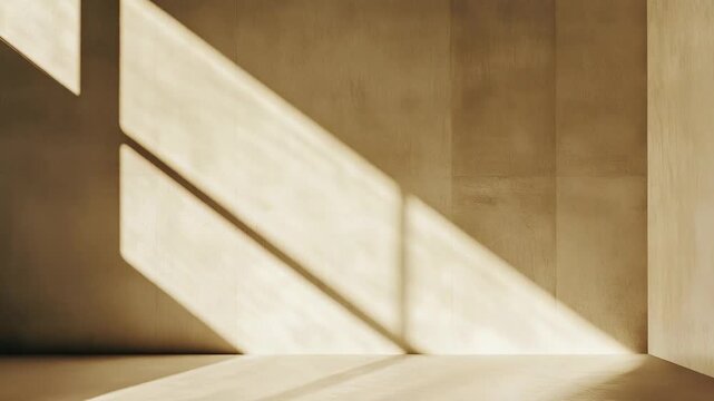 Empty room with textured concrete walls and floor, sun casting long, geometric shadows, creating abstract patterns and a serene atmosphere, perfect for product display or background