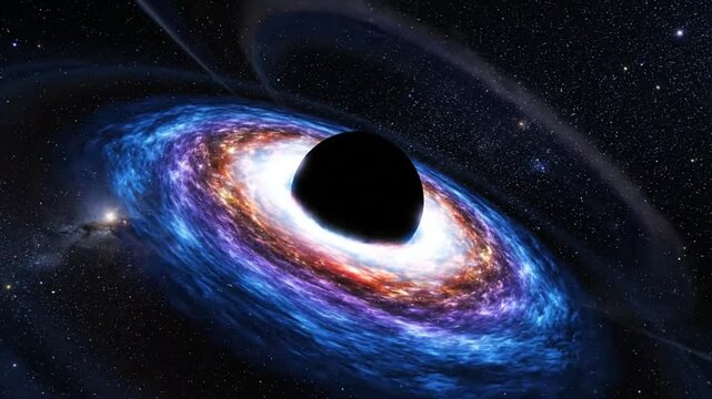 Black hole engulfing a galaxy, illustrating the intense gravitational pull and cosmic phenomena in deep space