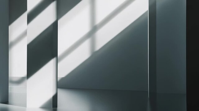 Abstract interior background featuring parallel architectural pillars and walls with diagonal shadows creating strong minimalist compositions on a reflective floor