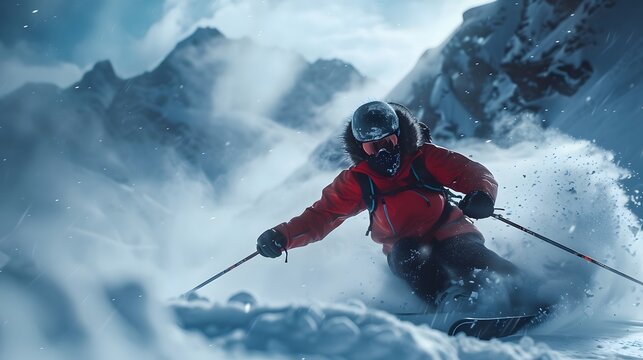 Freeride-Skifahrer in steiler Abfahrt durch aufwirbelnden Schnee
