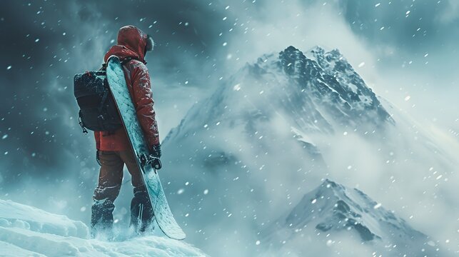 Alleinstehender Bergsteiger im Schneesturm vor alpinem Gipfel
