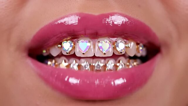 Woman Lips with Diamond Teeth Grill Closeup.