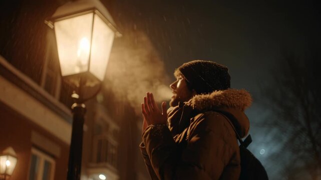 Young Man Standing Near Vintage Street Lamp During Cold Winter Night with Visible Vapor and Warm Light