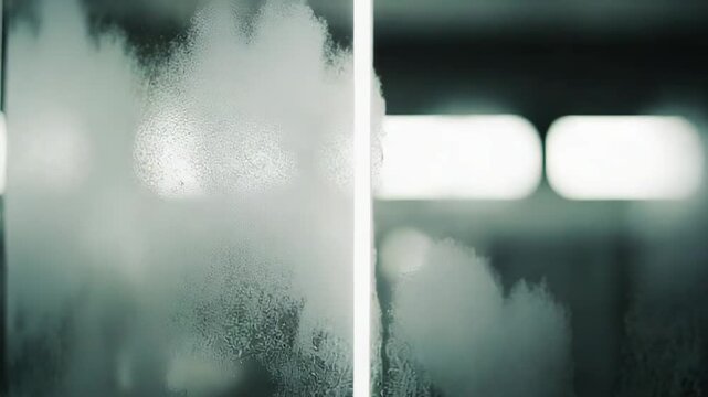 Fogged glass with natural condensation and water drops forming an abstract textured surface, soft mist and glowing vertical separation line creating a minimal modern backdrop
