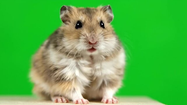 Cute hamster sitting and washing its paws in front of a bright green screen background