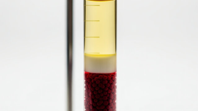 Close-up of a vial containing a fluid separated into layers red cells, white buffy coat, and clear yellow serum