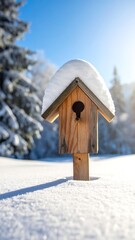 Snowy wooden birdhouse on a post