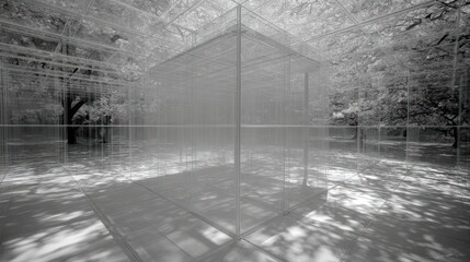 Monochrome Interior Corridor With Glass Reflections And Geometric Symmetry.