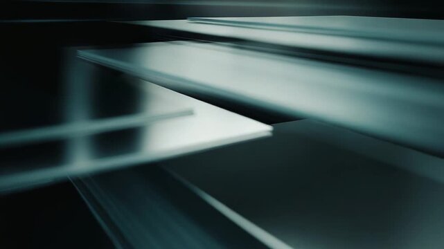 Stacked layers of metallic sheets or panels showcasing reflective surfaces and deep shadows, forming an abstract background representing technology, industry, and modern design