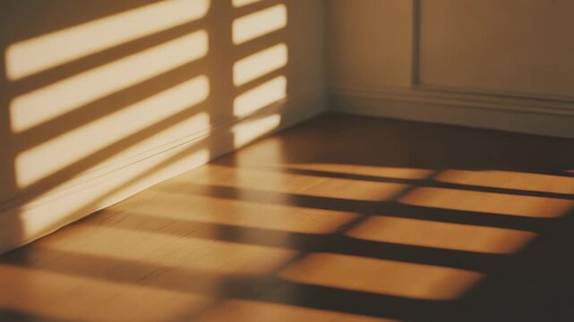 Warm sunlight streaming through window blinds forms strong, parallel shadows stretching across a minimalist interior wall and a light hardwood floor, producing a calm and inviting atmosphere