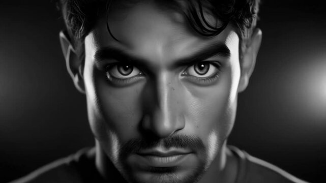 Strong determination and intense eyes with powerful single-direction lighting, ultra-realistic cinematic portrait, 4K.