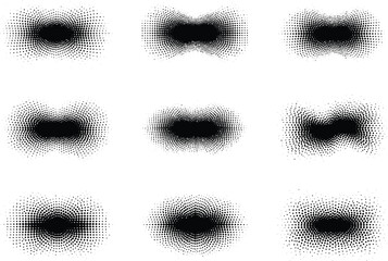 Collection of abstract blurred blob shapes made from halftone dots, suitable for modern design backgrounds