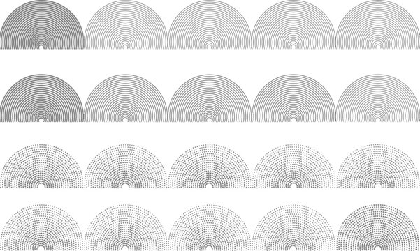 Collection of abstract semicircular shapes formed by clean lines and diffused halftone dots, versatile design elements