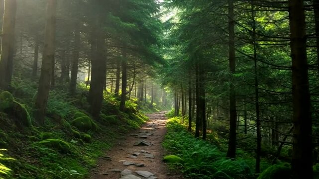 Serene forest path surrounded by lush greenery