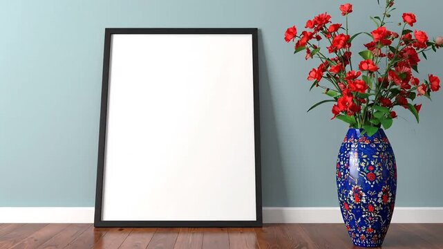 A blank framed picture leans against a light blue wall, next to a blue patterned vase with red flowers