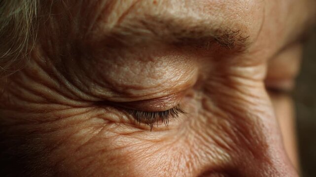 Transition from young to older woman concept. The image showcases the detailed texture of aged skin around the eye area.