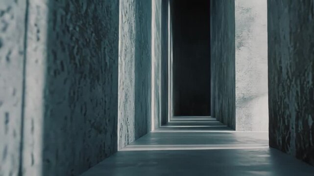 Abstract architectural background showing a minimalist concrete corridor with strong vertical lines and dramatic light creating a sense of depth and mystery