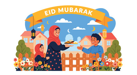 Obraz premium Neighbors sharing homemade food across fences during Eid, modern flat vector illustrating kindness, unity, and Eid Mubarak tradition