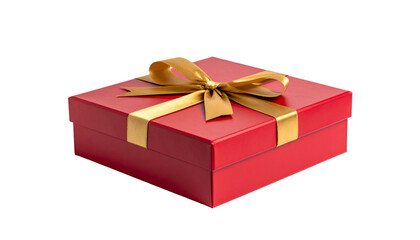 A square red gift box tied with a golden ribbon, set against a transparent background