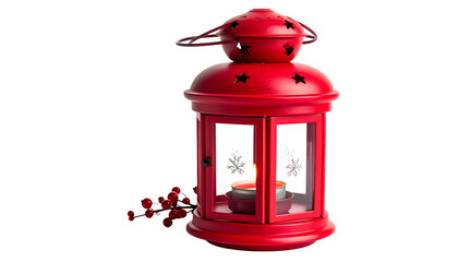 A vibrant red lantern with star cutouts, a burning candle, and decorative berries, all on black