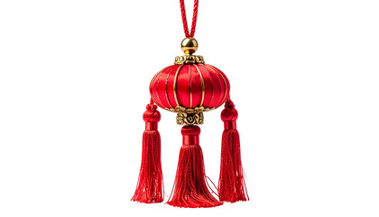 A close-up of a festive, ornate red lantern with tassel accents