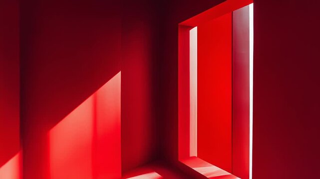 Bold red interior with sharp geometric shadows and angled openings, natural light sculpting lines and depth for a minimalist, contemporary architectural composition