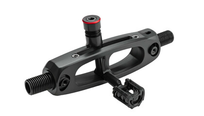 Isolated close-up of a bicycle pedal system featuring threads, a spindle, and dark hardware