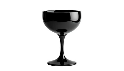 A single, black, elegant wine glass with a curved bowl, isolated on a black background
