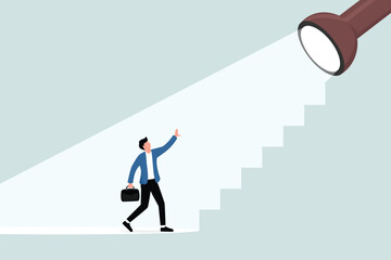 Fototapeta premium Highlights to guide career success, HR recruitment in finding candidates or talents, the concept of the ladder of success, entrepreneurs walking uphill with the spotlight from the steps.